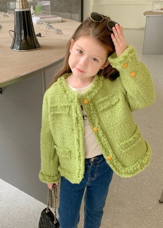 Beau Manteau Vert O Cou Bouton Patchwork Coton Filles Automne