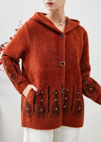 Beau Trench En Velours De Faux Vison Imprimé À Capuche Orange Printemps