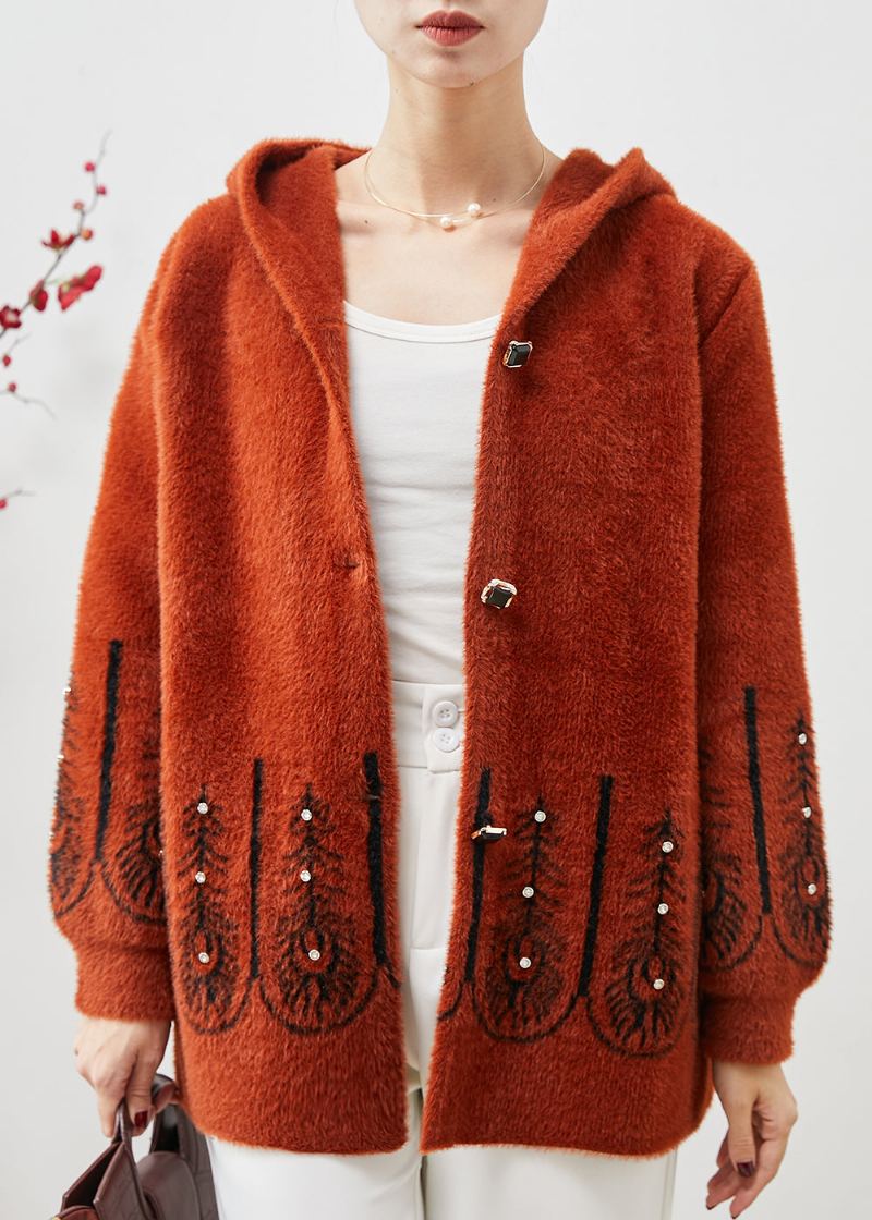 Beau Trench En Velours De Faux Vison Imprimé À Capuche Orange Printemps - Manteaux d'hiver femmes