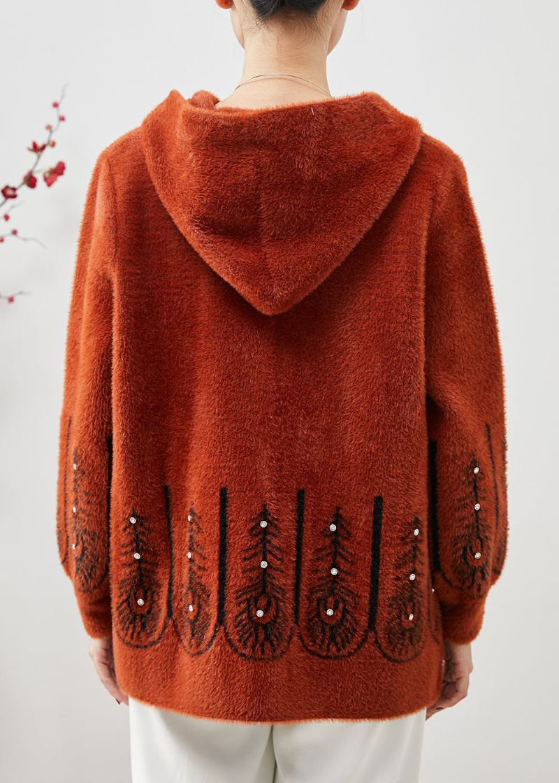 Beau Trench En Velours De Faux Vison Imprimé À Capuche Orange Printemps - Manteaux d'hiver femmes