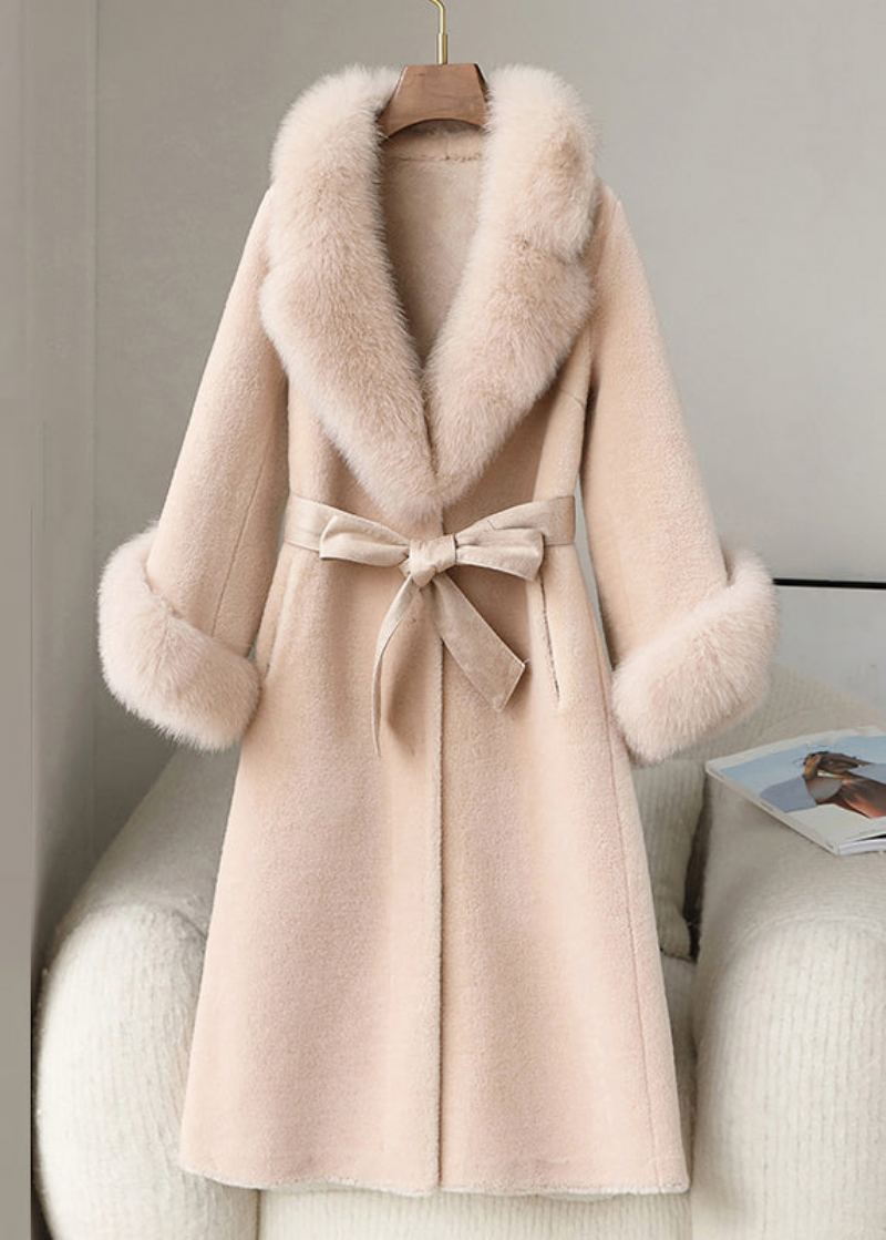 Beige Poches Patchwork Fourrure Fuzzy Long Manteau Col De Manches Longues