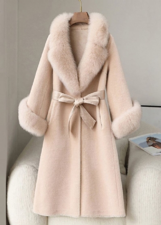 Beige Poches Patchwork Fourrure Fuzzy Long Manteau Col De Manches Longues