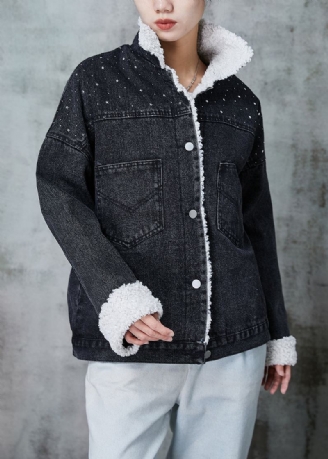 Belle Veste En Jean Polaire Chaude Noire Col Peter Pan Patchwork Hiver