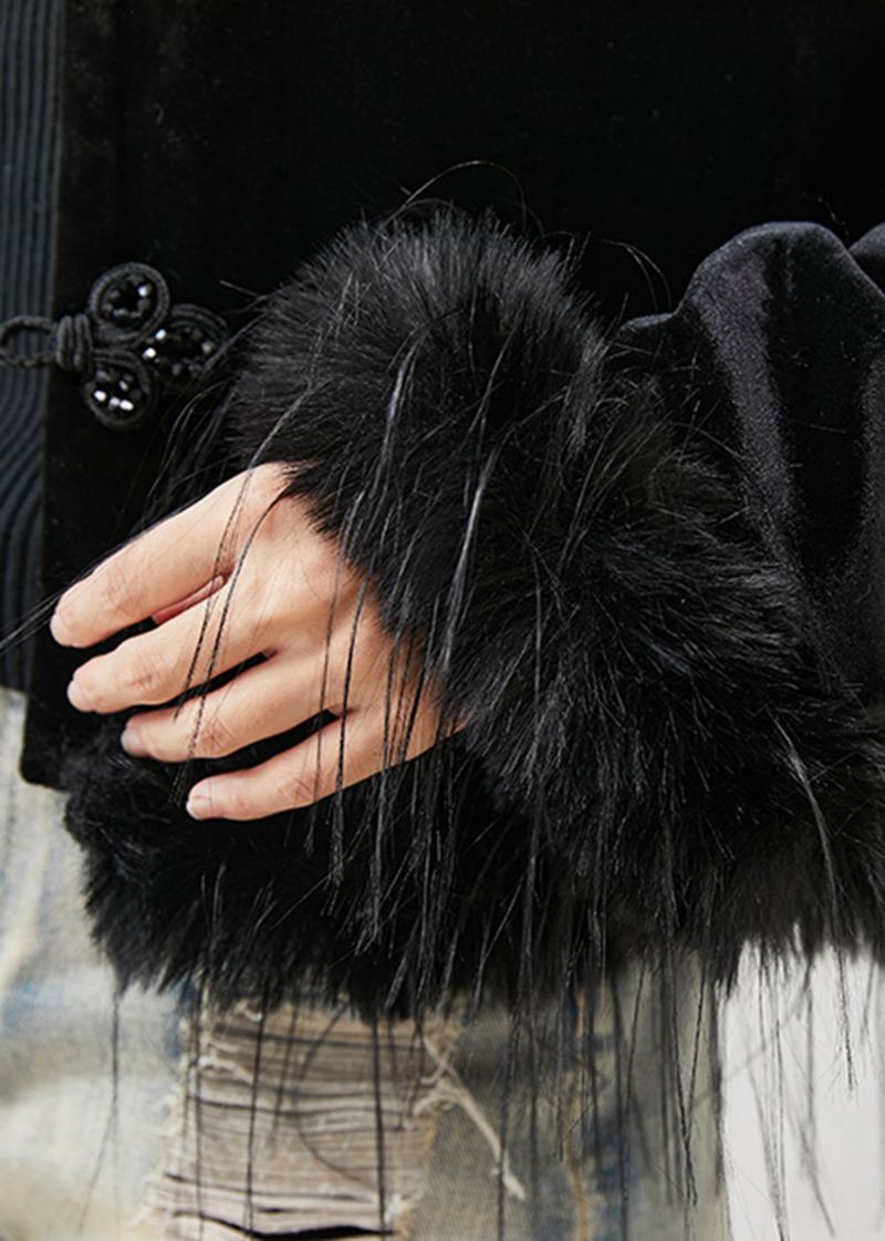 Belles Vestes En Velours De Soie Avec Plumes Et Boutons Chinois Noirs Printemps - Manteaux d'hiver femmes