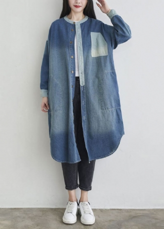 Bleu Naturel O Cou Poches Patchwork Denim Vêtements D'extérieur Printemps