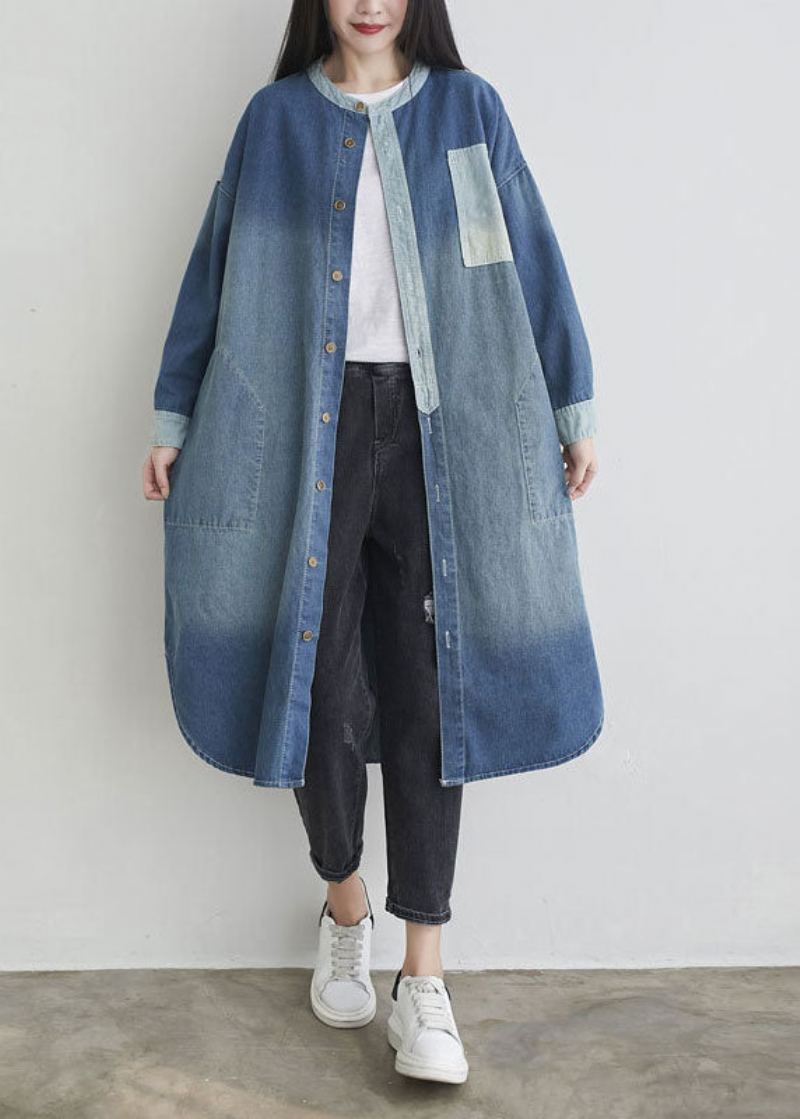 Bleu Naturel O Cou Poches Patchwork Denim Vêtements D'extérieur Printemps - Manteaux d'hiver femmes