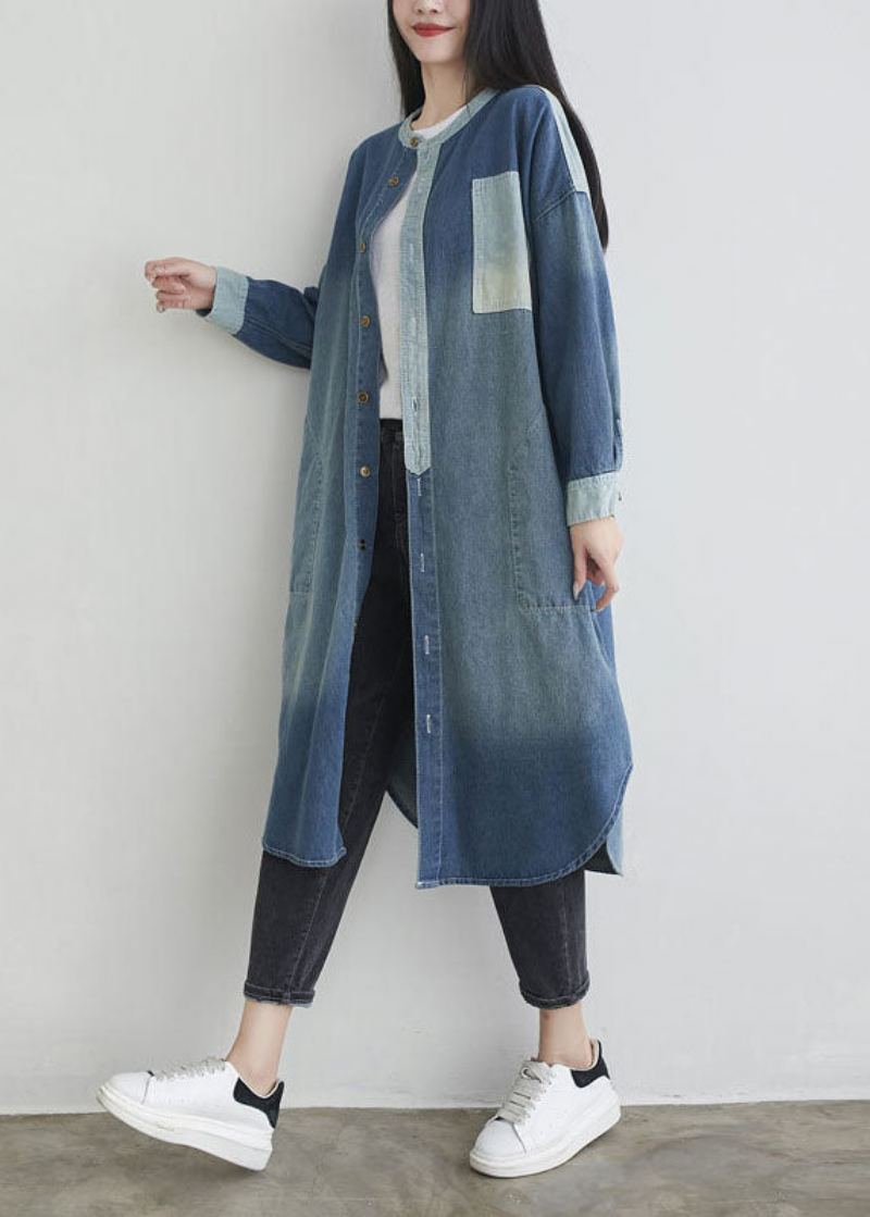 Bleu Naturel O Cou Poches Patchwork Denim Vêtements D'extérieur Printemps - Manteaux d'hiver femmes