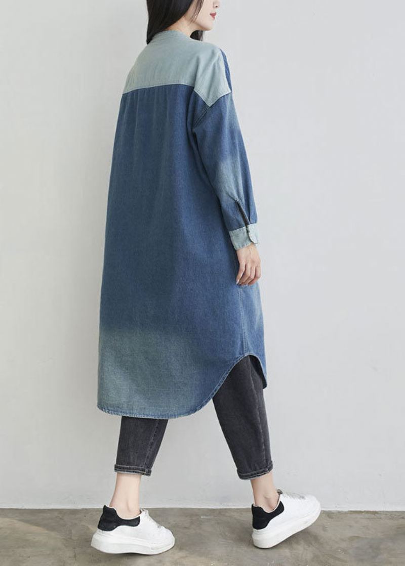 Bleu Naturel O Cou Poches Patchwork Denim Vêtements D'extérieur Printemps - Manteaux d'hiver femmes