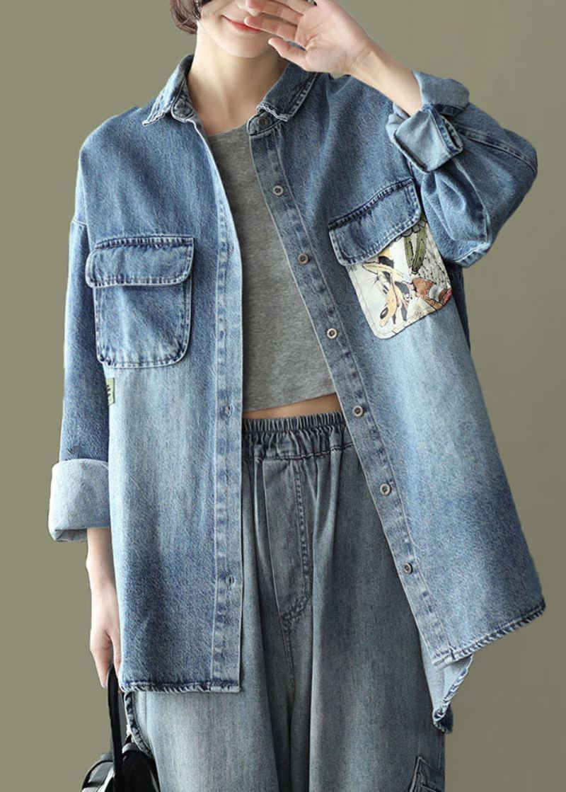 Bleu Poches Imprimer Patchwork Denim Manteaux Col Claudine Printemps