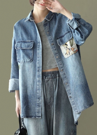 Bleu Poches Imprimer Patchwork Denim Manteaux Col Claudine Printemps