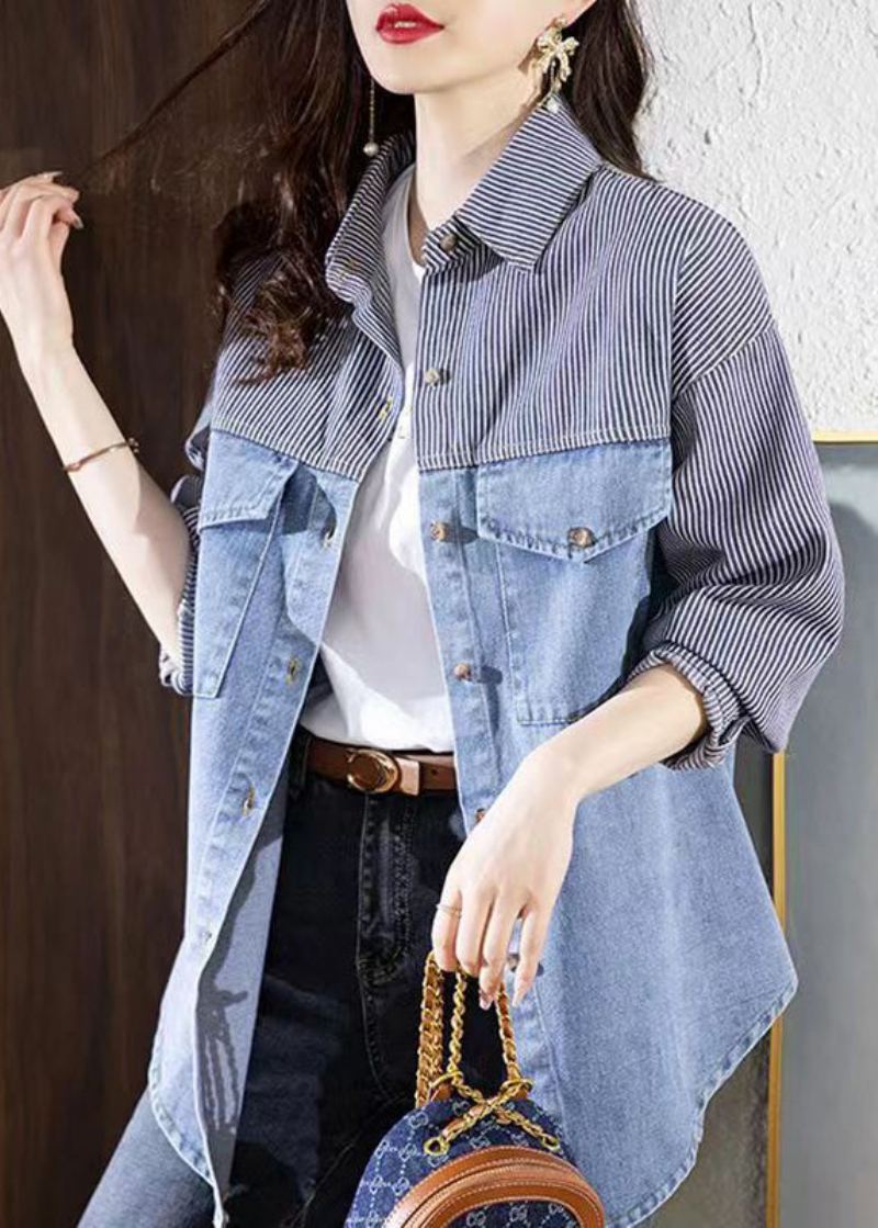 Bohème Bleu Col Claudine Rayé Patchwork Bouton Denimn Manteaux Automne - Manteaux d'hiver femmes