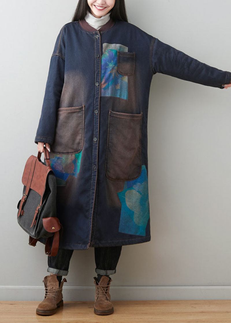 Bohème Bleu Foncé Patchwork Poches Imprimé Chaud Polaire Vêtements D'extérieur Hiver - Manteaux d'hiver femmes