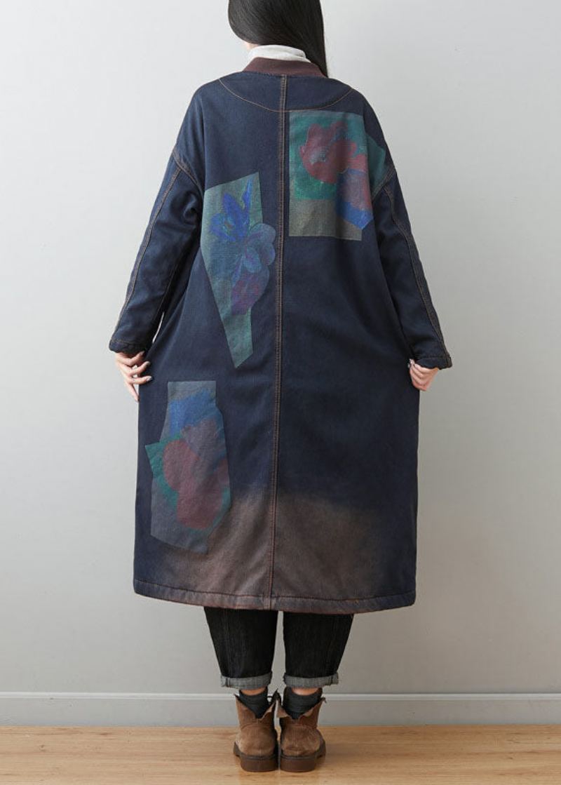 Bohème Bleu Foncé Patchwork Poches Imprimé Chaud Polaire Vêtements D'extérieur Hiver - Manteaux d'hiver femmes