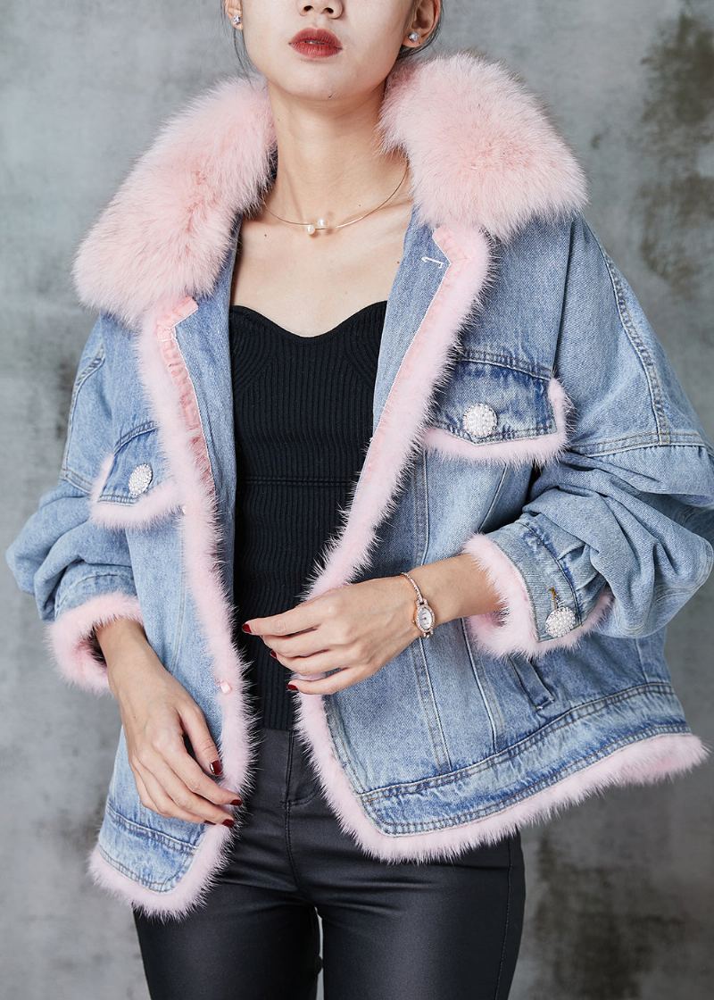 Bohème Bleu Raton Laveur Cheveux Col Patchwork Fin Coton Rempli Denim Vestes Hiver - Manteaux d'hiver femmes