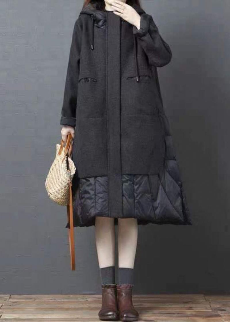 Bohème Noir À Capuche Poches Patchwork Épais Long Manteau Hiver