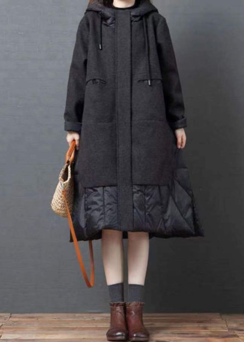 Bohème Noir À Capuche Poches Patchwork Épais Long Manteau Hiver - Manteaux d'hiver femmes