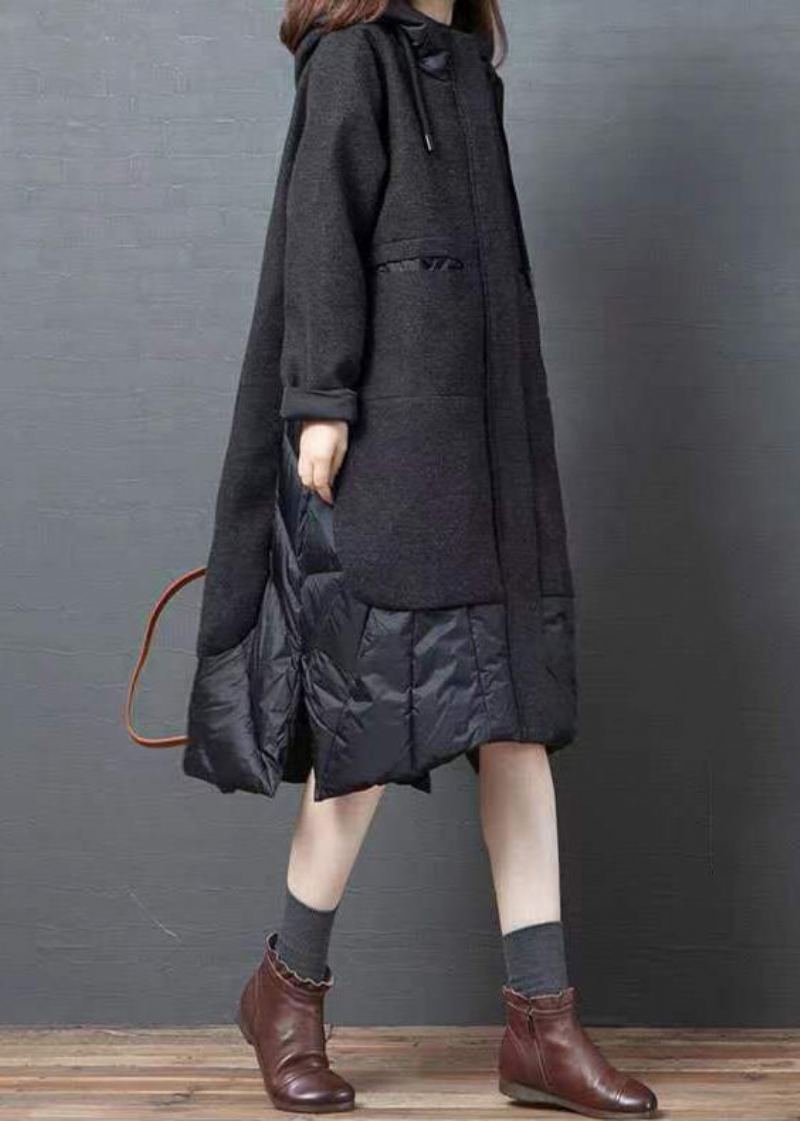 Bohème Noir À Capuche Poches Patchwork Épais Long Manteau Hiver - Manteaux d'hiver femmes