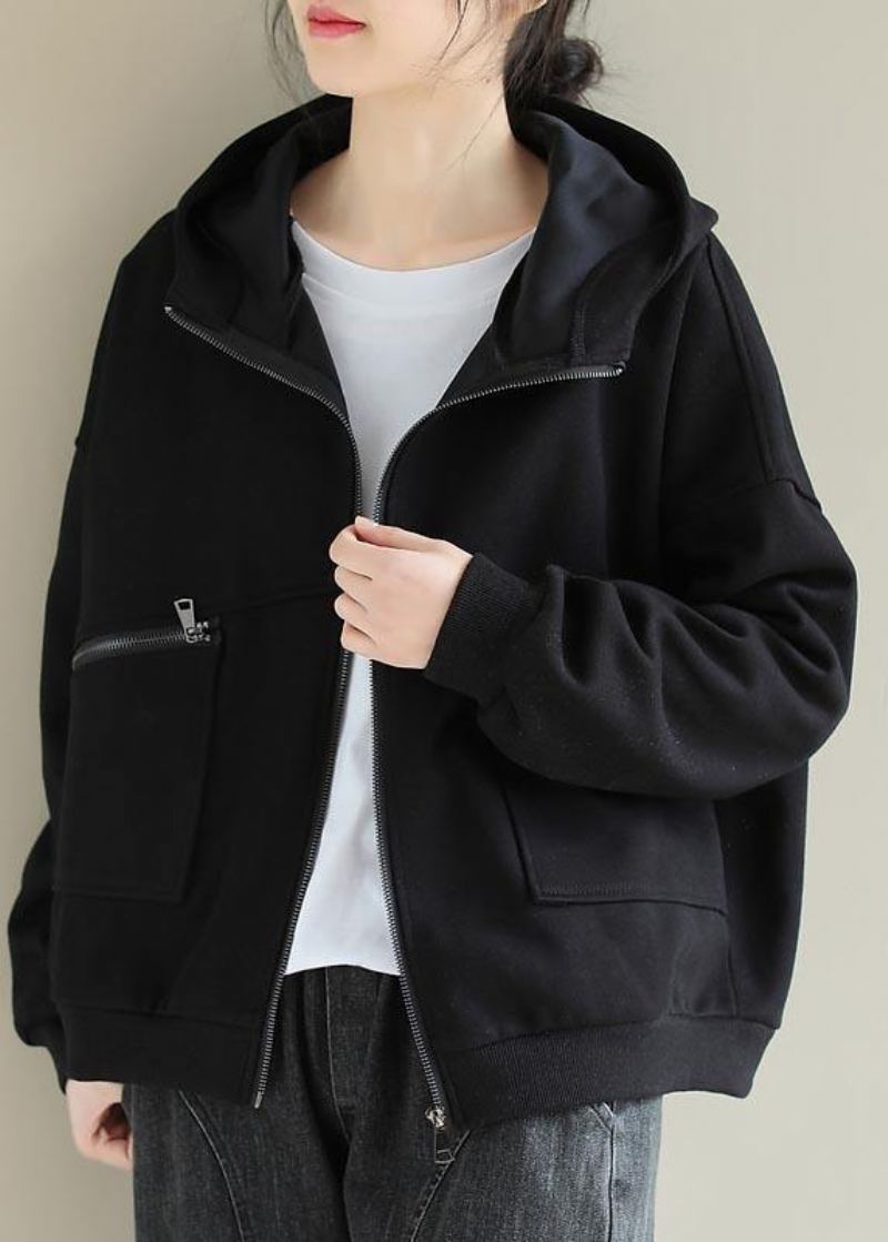 Bohème Noir Mode Tenue Armoires À Capuche Zip Up Printemps Femmes Manteaux