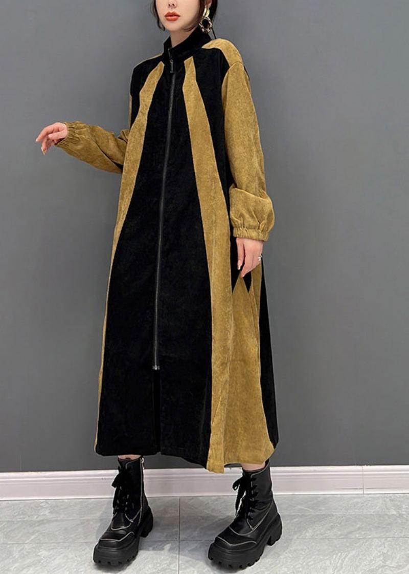 Bohème Noir Patchwork Jaune Fermeture Éclair Long Manteau Printemps - Manteaux d'hiver femmes