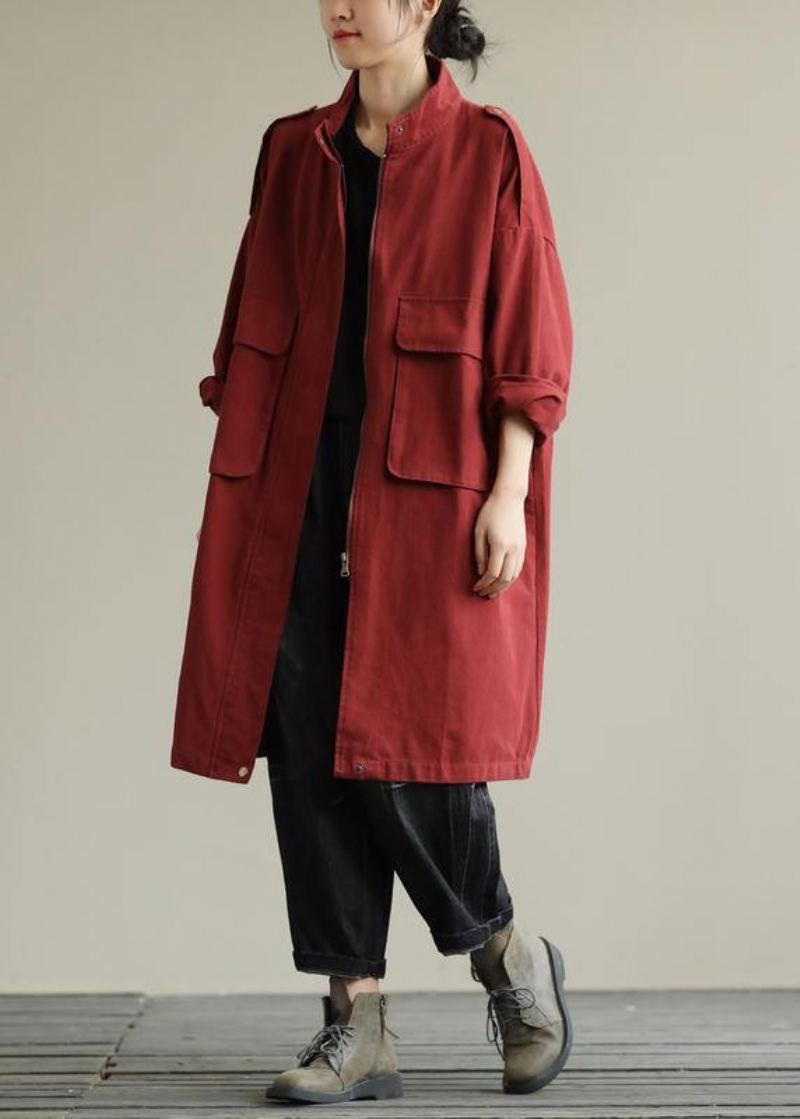 Bohème Poches Zippées Beaux Manteaux D'automne Femmes Manteau Baggy Rouge