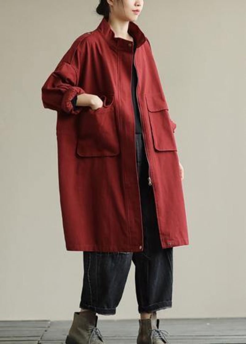 Bohème Poches Zippées Beaux Manteaux D'automne Femmes Manteau Baggy Rouge - Noir