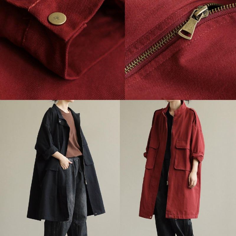 Bohème Poches Zippées Beaux Manteaux D'automne Femmes Manteau Baggy Rouge - Noir