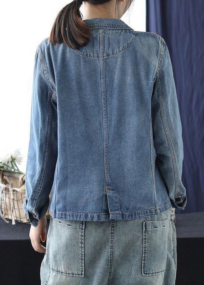 Boho Bleu Col Claudine Imprimé Bouton Denim Manteaux Printemps - Manteaux d'hiver femmes