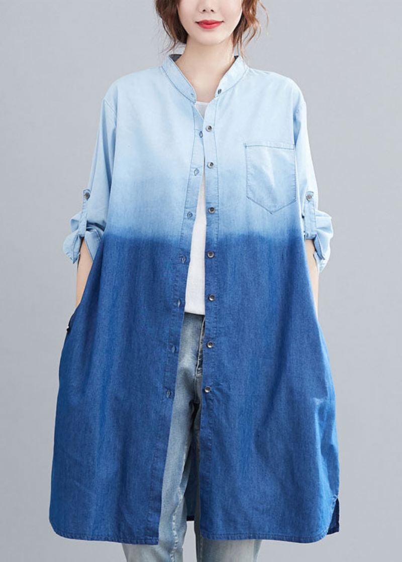 Boho Bleu Poches Bouton Dégradé De Couleur Automne Denim Trench Manches Longues - Manteaux d'hiver femmes