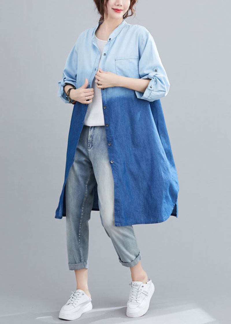 Boho Bleu Poches Bouton Dégradé De Couleur Automne Denim Trench Manches Longues - Manteaux d'hiver femmes