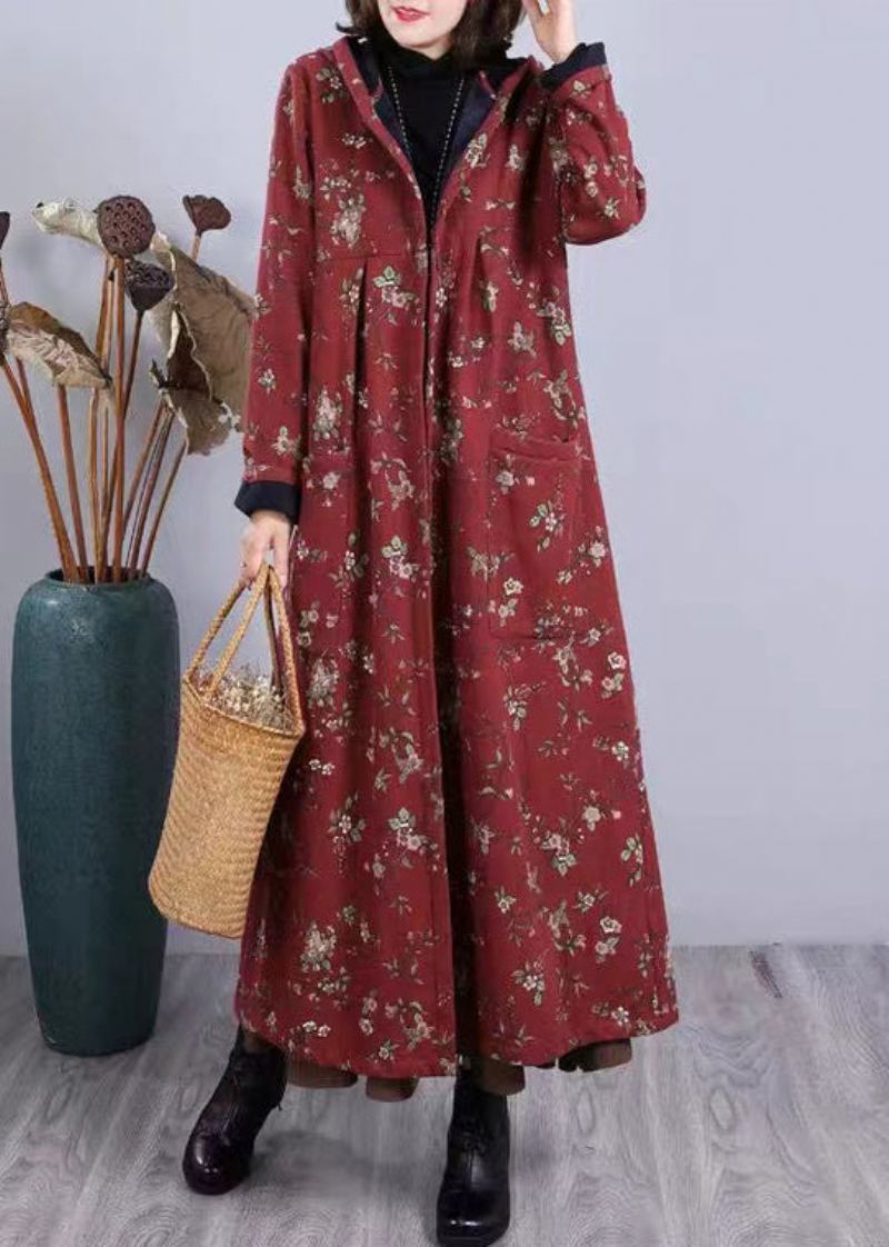 Boho Rouge Imprimé Poches Patchwork Chaud Polaire Manteau À Capuche Hiver