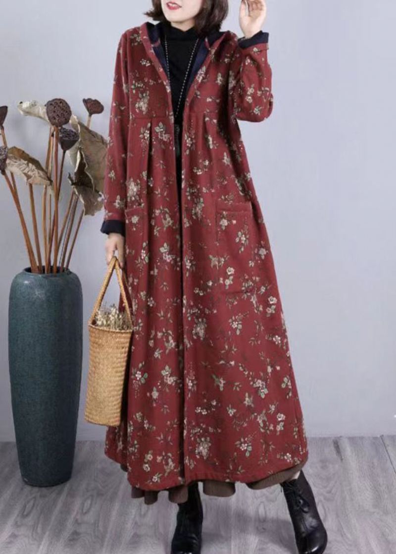 Boho Rouge Imprimé Poches Patchwork Chaud Polaire Manteau À Capuche Hiver - Manteaux d'hiver femmes