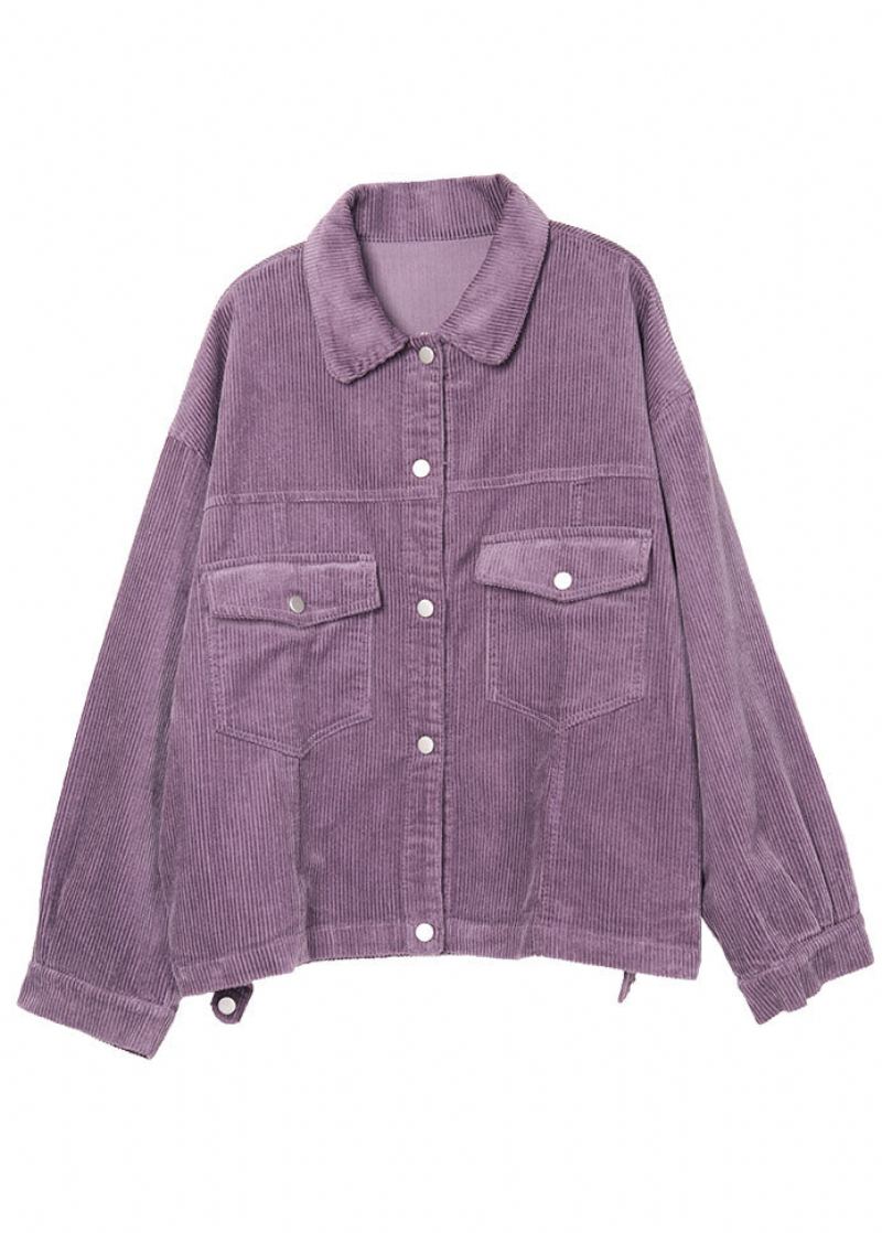 Boho Violet Col Claudine Poches Bouton Manteau D'automne Manches Longues - Manteaux d'hiver femmes