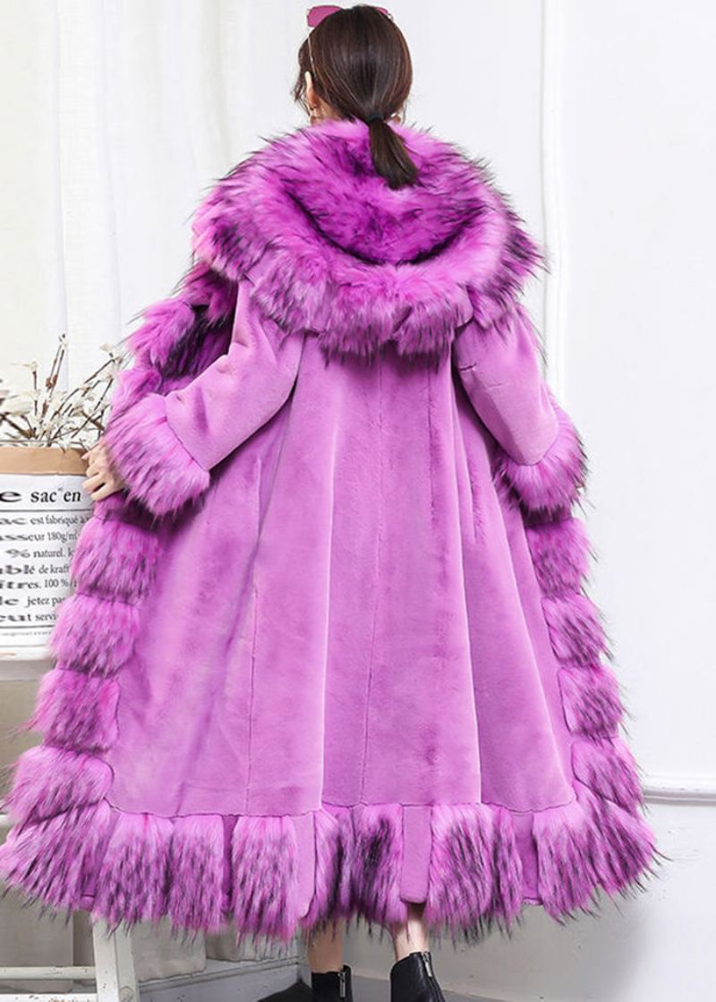 Boho Violet Col De Fourrure Patchwork Cravate Taille Fausse Long Manteau Hiver - Manteaux d'hiver femmes