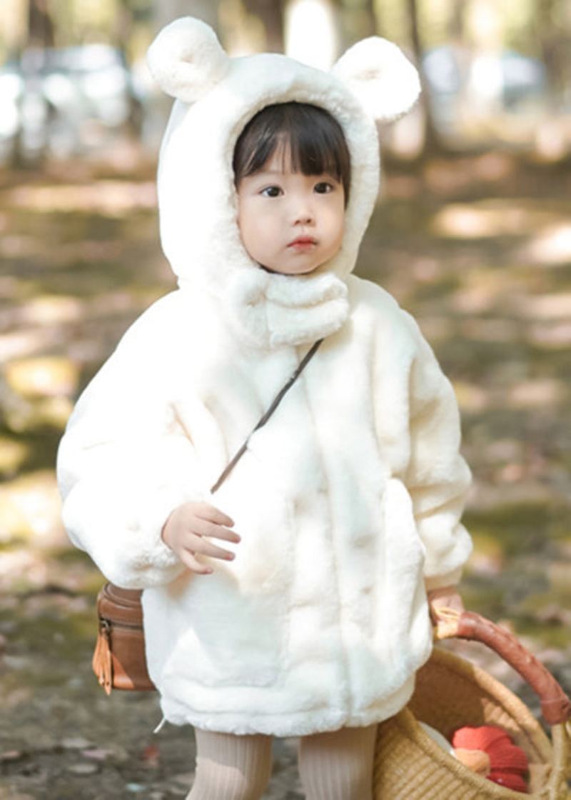 Boutique Blanc À Capuche Poches Moelleux Filles Manteau À Manches Longues