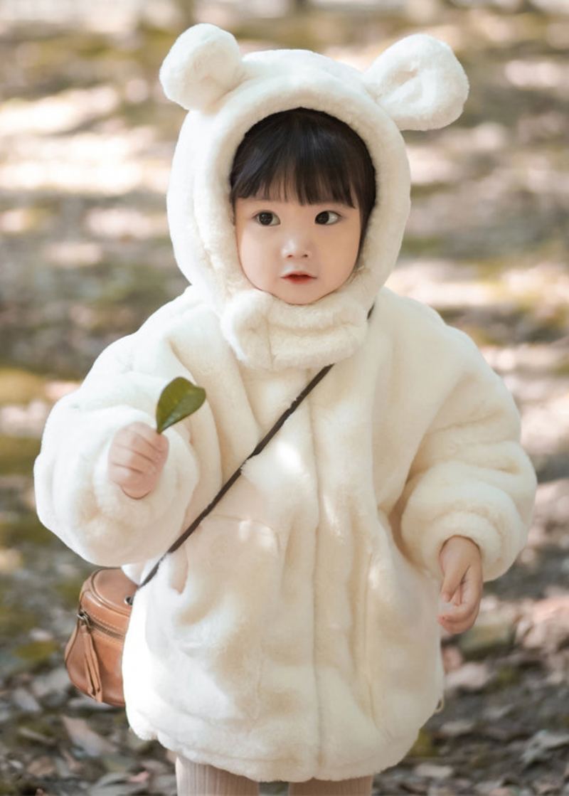 Boutique Blanc À Capuche Poches Moelleux Filles Manteau À Manches Longues - Manteaux d'hiver femmes