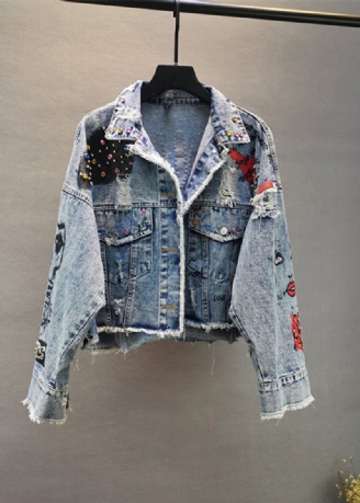 Boutique Bleu Col Claudine Imprimé Graphique Patchwork Clou Perle Bouton Denim Manteau Printemps