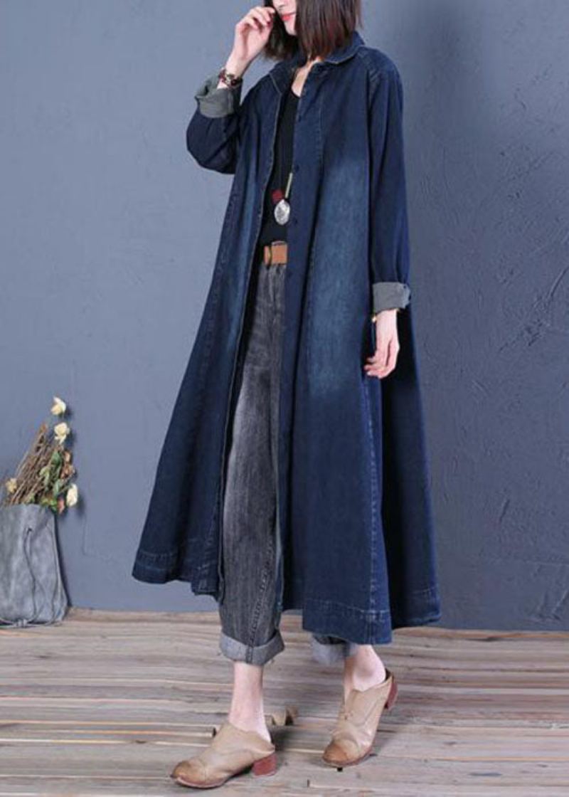 Boutique Bleu Col Claudine Patchwork Denim Trench Manteaux Printemps