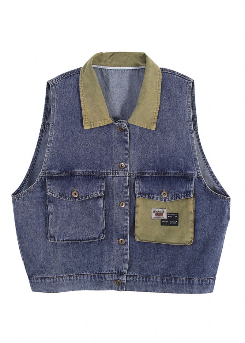 Boutique Bleu Col Claudine Patchwork Imprimé Denim Gilet Automne - Manteaux d'hiver femmes