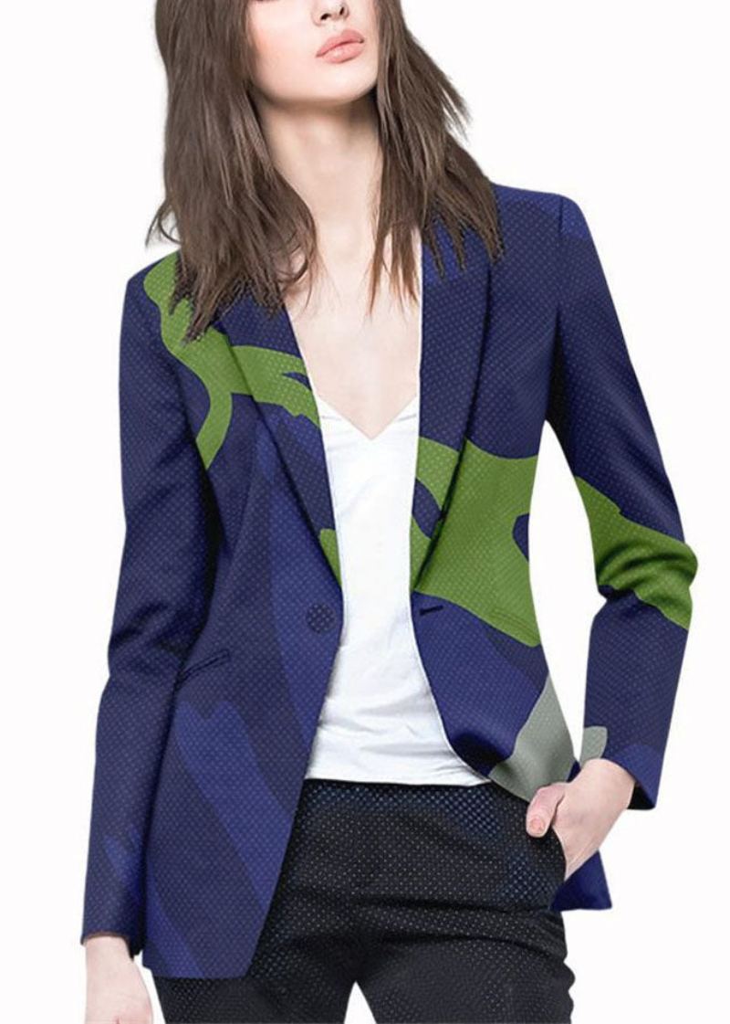 Boutique Bouton Bleu Col Claudine Imprimé Manteau Manches Longues - Manteaux d'hiver femmes