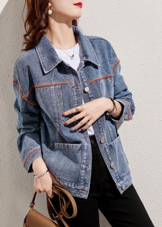 Boutique Denim Bleu Col Claudine Patchwork Poches Veste En Coton Printemps