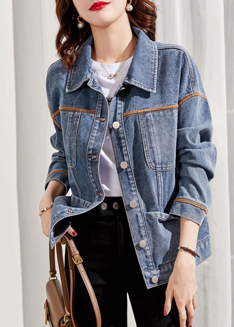 Boutique Denim Bleu Col Claudine Patchwork Poches Veste En Coton Printemps - Manteaux d'hiver femmes