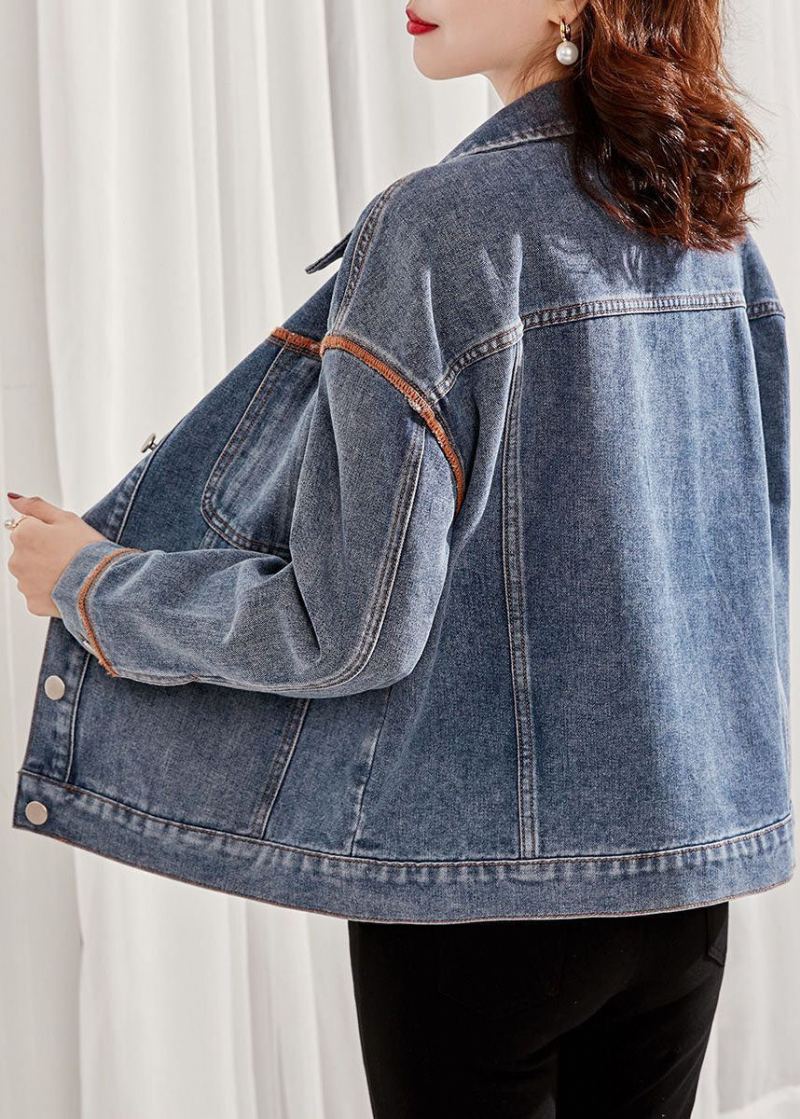 Boutique Denim Bleu Col Claudine Patchwork Poches Veste En Coton Printemps - Manteaux d'hiver femmes