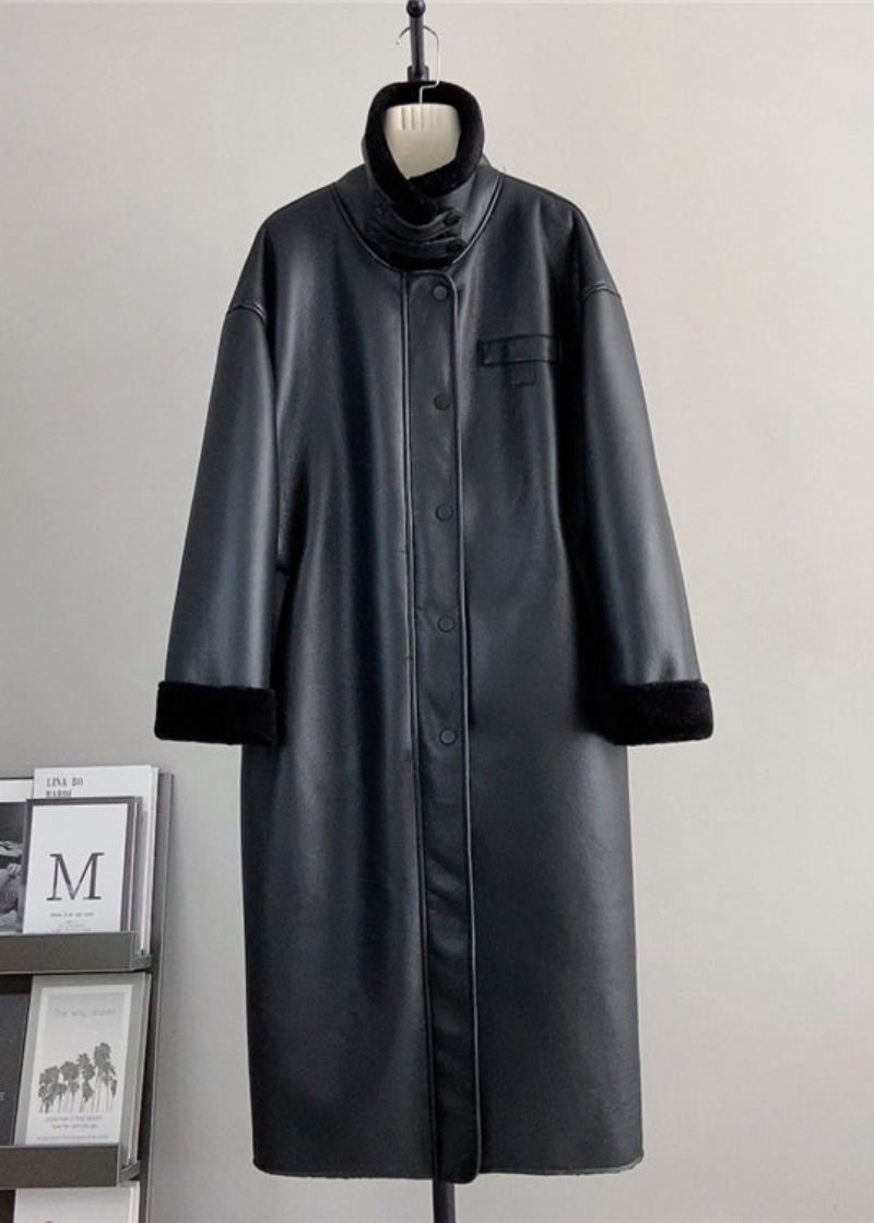 Boutique Manteau Chaud Noir En Cuir Et Fourrure À Col Montant Pour L'hiver