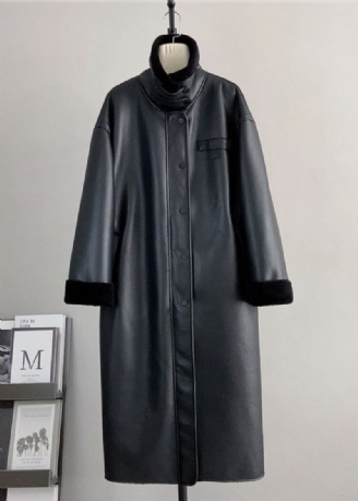 Boutique Manteau Chaud Noir En Cuir Et Fourrure À Col Montant Pour L'hiver