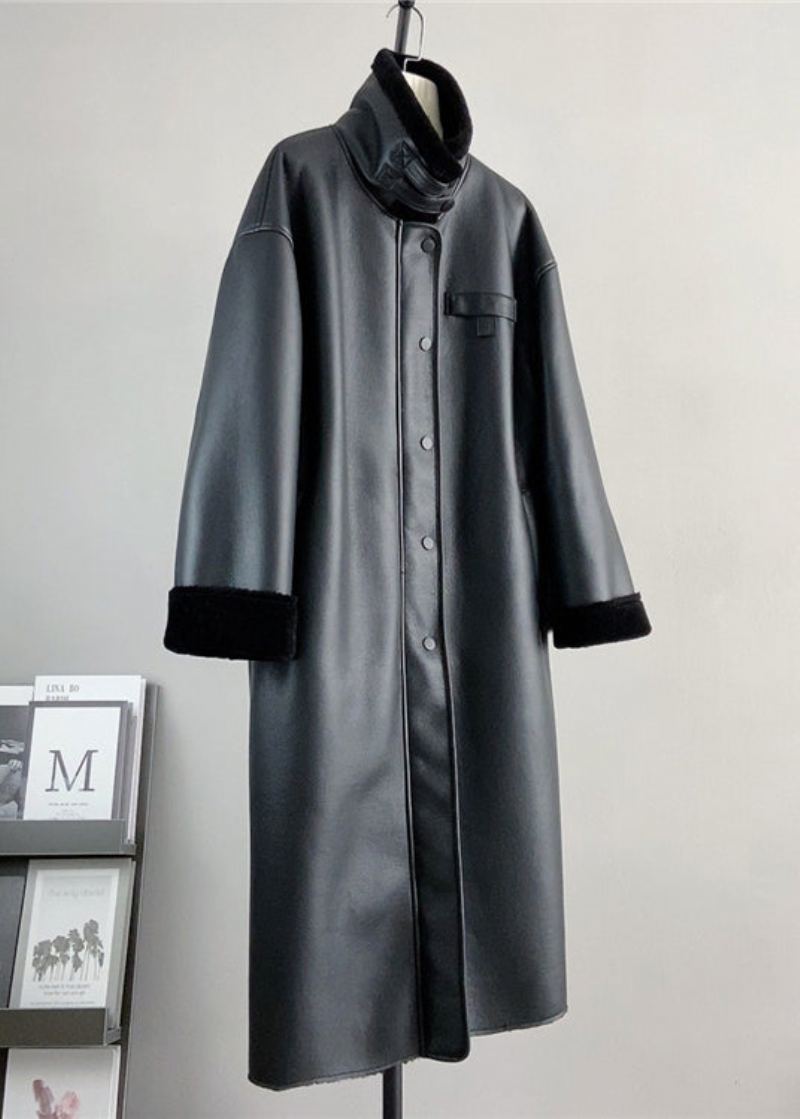 Boutique Manteau Chaud Noir En Cuir Et Fourrure À Col Montant Pour L'hiver - Manteaux d'hiver femmes