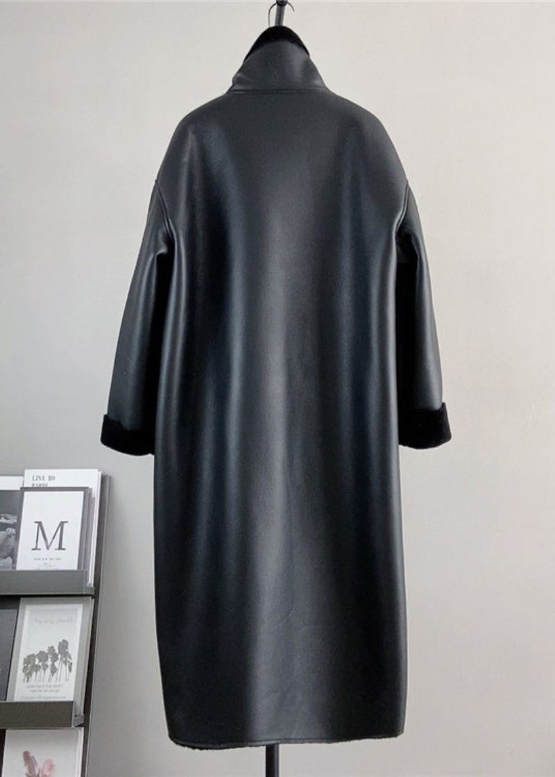 Boutique Manteau Chaud Noir En Cuir Et Fourrure À Col Montant Pour L'hiver - Manteaux d'hiver femmes