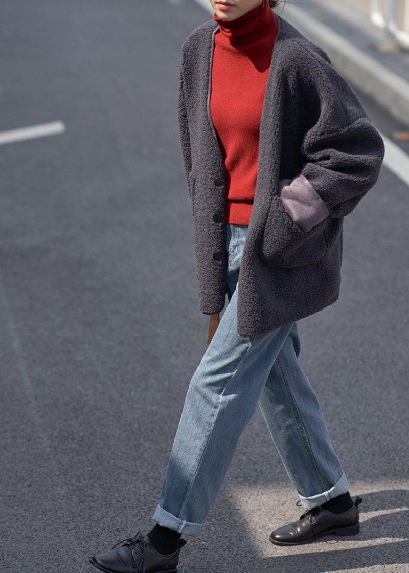 Boutique Manteaux En Laine Gris Foncé Vestes D'hiver Décontractées Poches À Col En V Pour Femmes - Vert