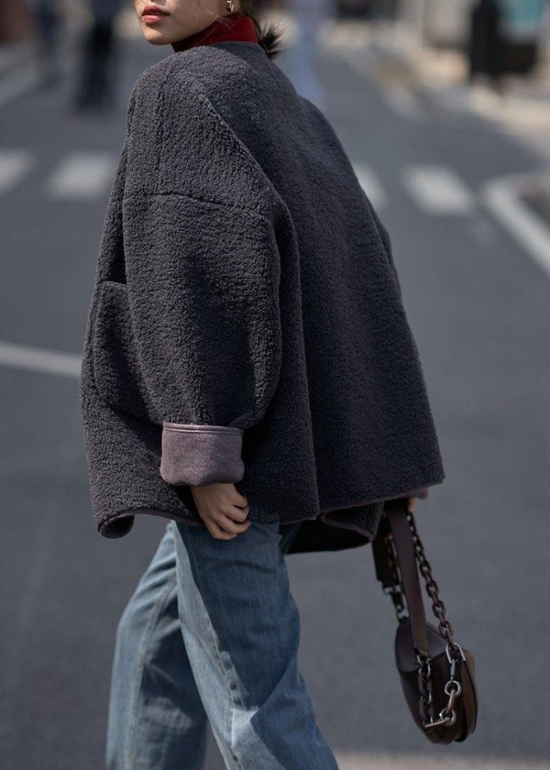 Boutique Manteaux En Laine Gris Foncé Vestes D'hiver Décontractées Poches À Col En V Pour Femmes - Vert