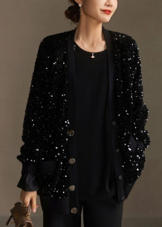 Boutique Moderne Noir Col En V Poches Paillettes Manteau Court Printemps