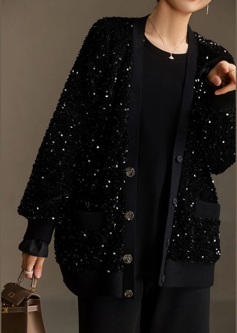 Boutique Moderne Noir Col En V Poches Paillettes Manteau Court Printemps - Manteaux d'hiver femmes